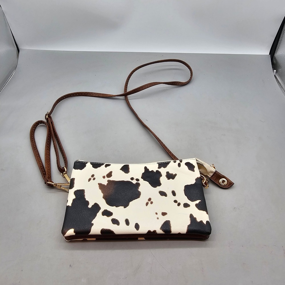 Jen & Co Cow Print Crossbody Bag Vegan Leather Brown White Animal Print Purse